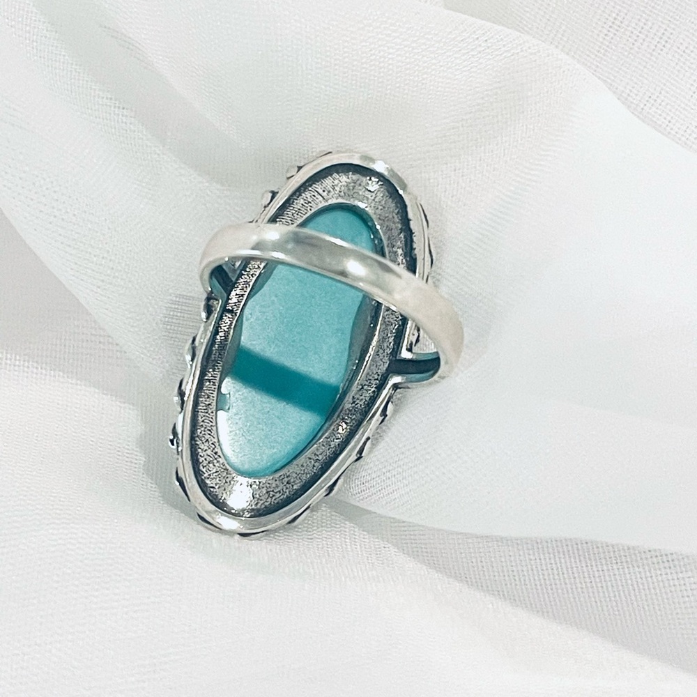Sleeping Beauty Blue Turquoise Rhodium Plated 925 Sterling Silver Women's Ring - Picture 3 of 4